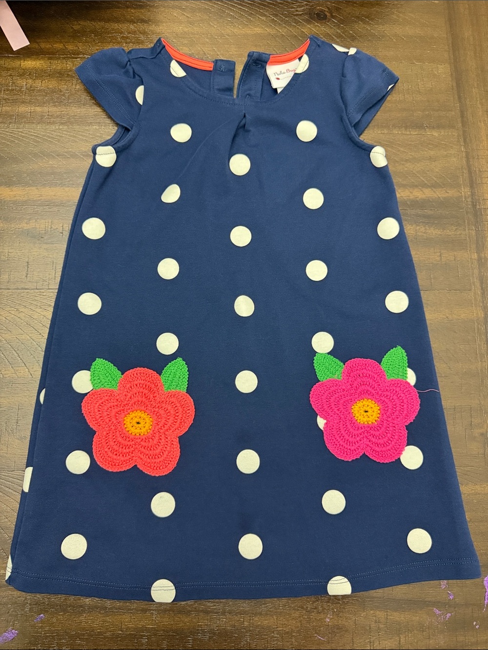 Kids Navy Polka Dot Dress with Crochet Flowers
